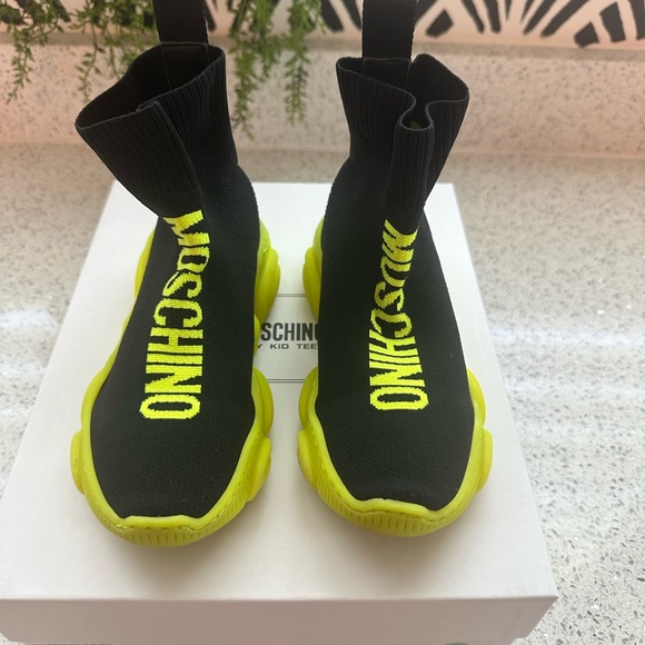 Kids SlipOn Moschino Sneakers, Size 30/12.5 w/Original Box, Black/Neon Yellow - Picture 1 of 6
